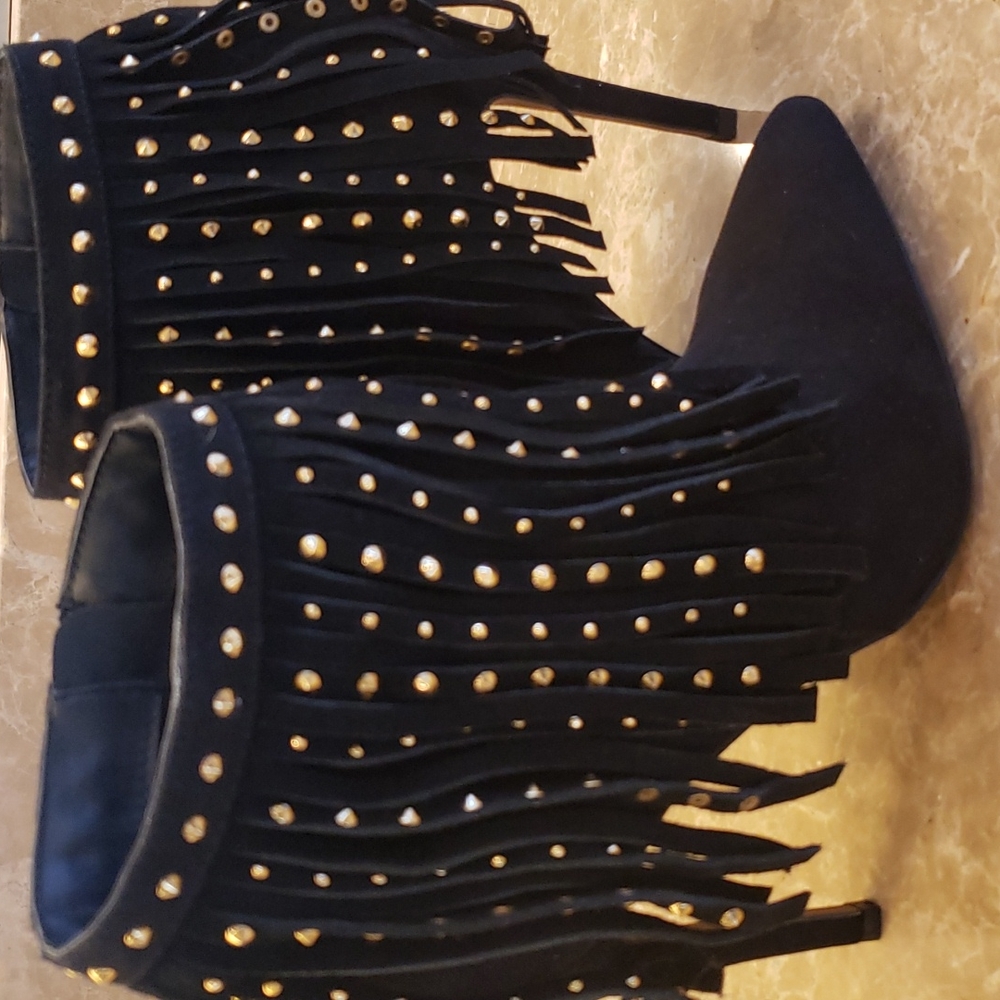 Express black micro suede cowhide fringed w gold-embellished ankle booti… - Picture 6 of 16